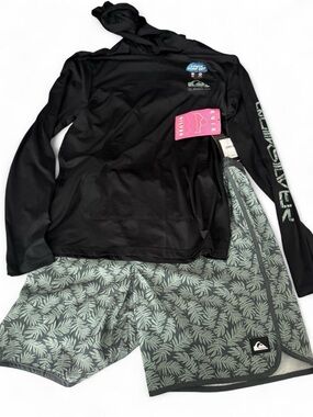 Quiksilver Black Hooded Rash Guard with Green Leaf Boardshorts
